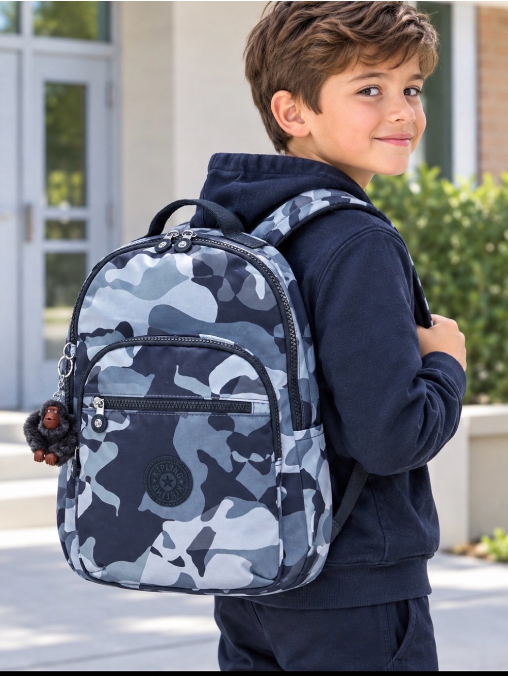 Kipling Kids Gray Camo Backpack with Fun Keychain